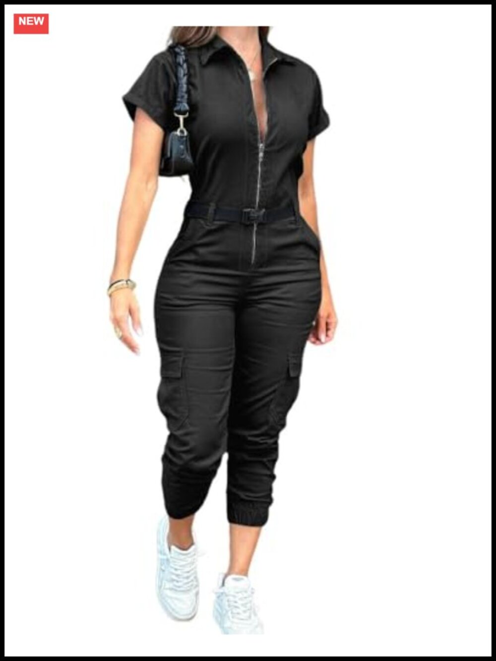 Women's Cargo Jumpsuit Romper Short Sleeve Zip Up Pockets